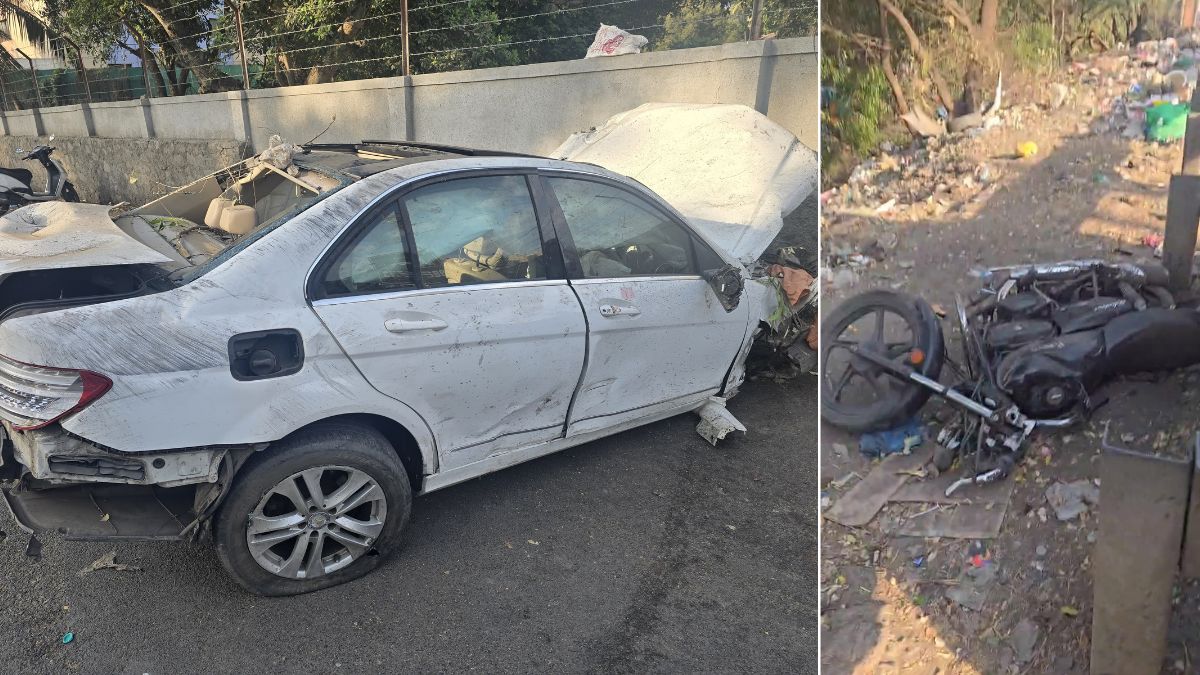 Pune: Speeding Mercedes Crashes into Bike on Pune-Bangalore Highway, One Dead as Car Falls Off Wadgaon Bridge