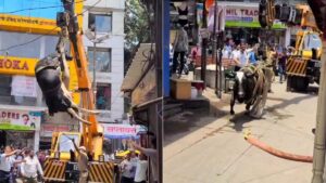 Pune: Cow Climbs to Second Floor of Building in Ravivar Peth, Safely Rescued by Fire Brigade Using Crane