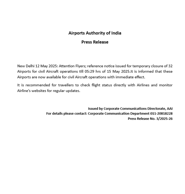 AAI Opens all 32 Airports Closed During Operation Sindoor; Flights to Resume Shortly
