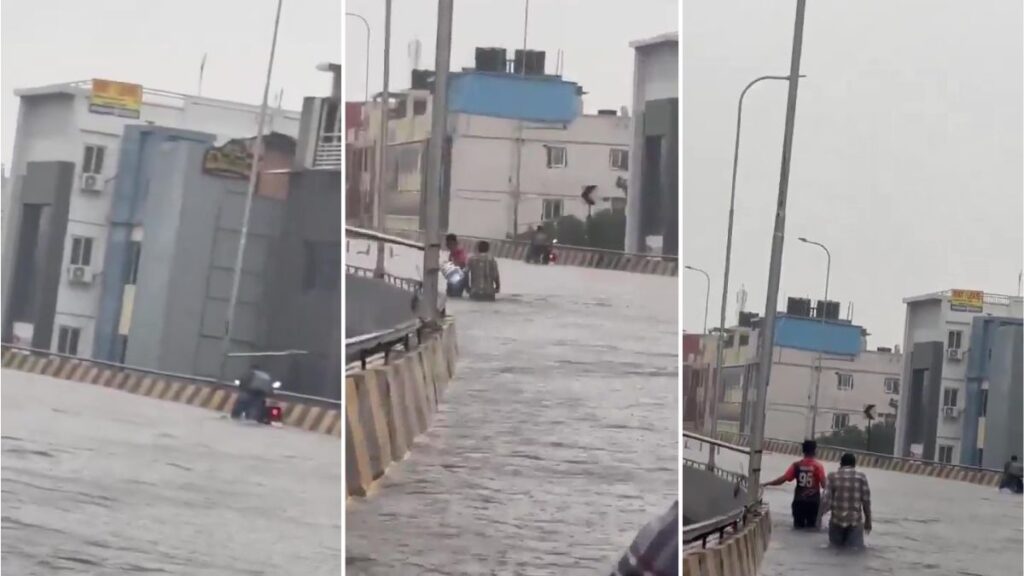 Flyover or Elevated River? Newly Constructed Flyover in Hyderabad Floods After Downpour 1 Hyderabad flyover flooded