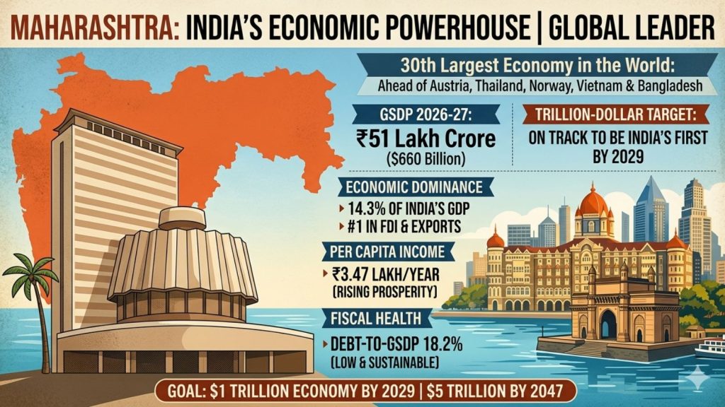 Infographic showing Maharashtra economy ranking 30th globally, surpassing Austria, Thailand, Norway with trillion-dollar target by 2029
