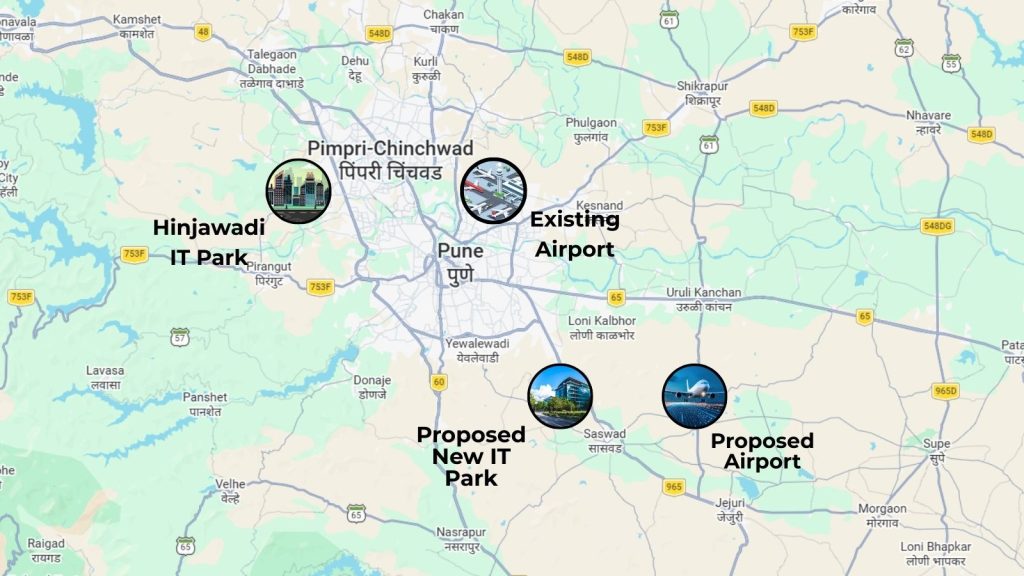 Map of Pune clearly showing locations of exiting Hinjawadi IT Park, existing Lohegaon Airport, the proposed Purandar Airport and the proposed Purandar IT Park.