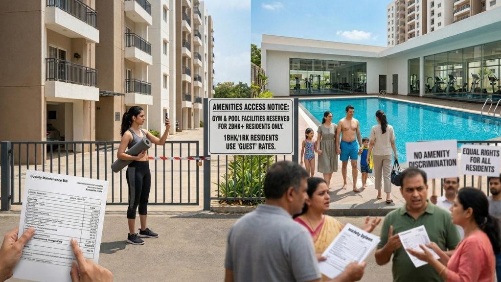 A composite photojournalistic image of a modern housing society in Karnataka, India. On the left, a frustrated 1BHK resident, an Indian woman in gym gear holding a yoga mat, is stopped by a barrier and a closed gate to the amenity area, holding her phone and pointing at her maintenance bill indicating 'Maintenance Charges Paid'. Behind her are smaller apartment units. In the center, a large sign clearly states: "AMENITIES ACCESS NOTICE: GYM & POOL FACILITIES RESERVED FOR 2BHK+ RESIDENTS ONLY. 1BHK/1RK RESIDENTS USE 'GUEST' RATES" in English and Kannada. On the right, residents from larger units, including families and a person with gym gear, freely enter the open pool and adjacent visible glass-walled gym, looking relaxed. In the foreground, other residents are seen debating, holding society bylaws and protest signs that read "NO AMENITY DISCRIMINATION" and "EQUAL RIGHTS FOR ALL RESIDENTS," illustrating the controversy and outrage. The background shows a vast, sparkling swimming pool and luxury apartments under a bright sky. The entire scene depicts the physical division and human emotions related to the amenity access dispute.