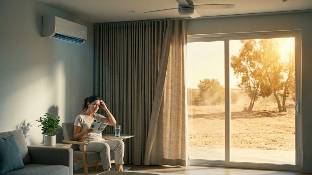 Sweaty woman in air-conditioned room, struggling with high temperatures.