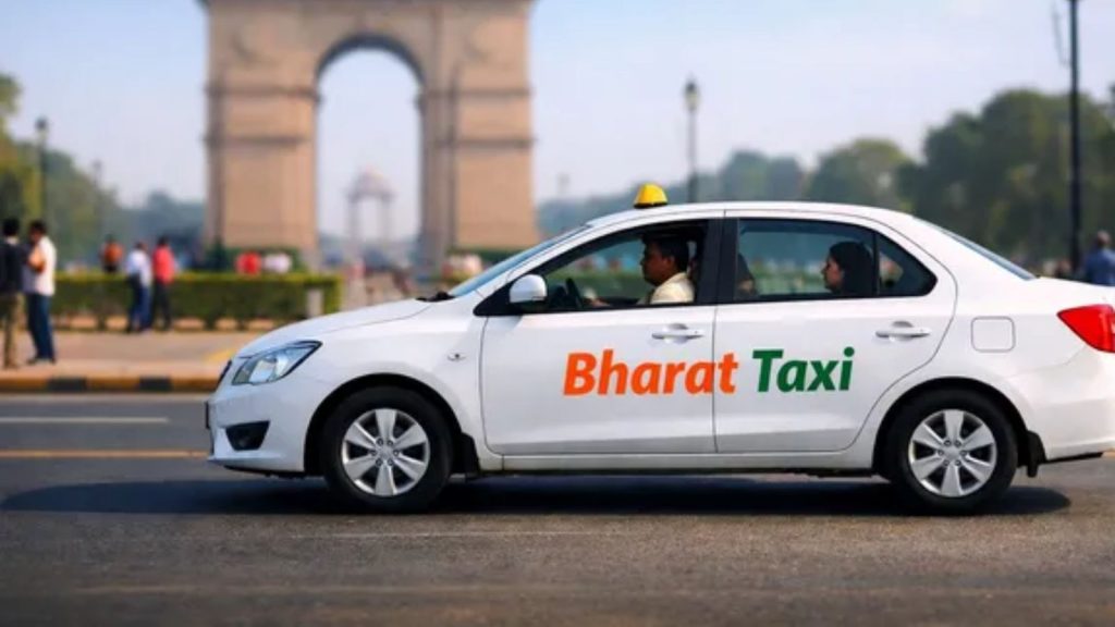 A Bharat Taxi branded cab on an urban road, representing the expansion of organized mobility services in India.
