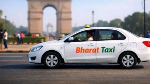 A Bharat Taxi branded cab on an urban road, representing the expansion of organized mobility services in India.