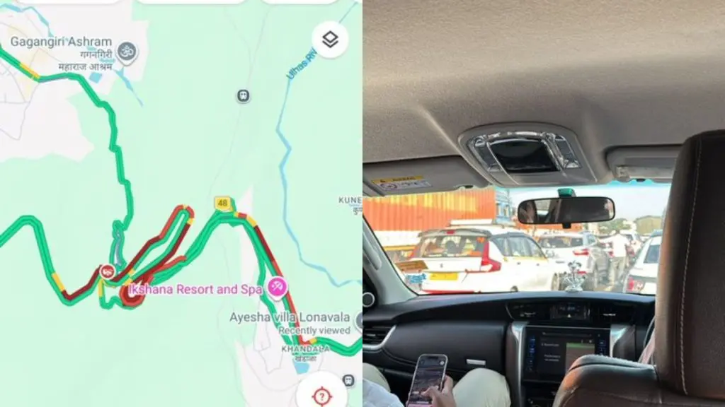 A split-screen view showing severe traffic congestion on the Mumbai-Pune Expressway near Khandala, with a red traffic map on the left and a view from inside a stuck car on the right.