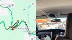 A split-screen view showing severe traffic congestion on the Mumbai-Pune Expressway near Khandala, with a red traffic map on the left and a view from inside a stuck car on the right.