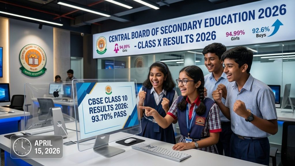 A wide photograph inside a CBSE digital result center. Four diverse Indian Class X students (two girls, two boys) in different uniforms are grouped closely around a clear desktop monitor, reacting with great joy and excitement. One girl in a Kendriya Vidyalaya uniform and glasses points to the screen which shows "CBSE CLASS 10 RESULTS 2026: 93.70% PASS." A large banner behind them confirms "CENTRAL BOARD OF SECONDARY EDUCATION - CLASS X RESULTS 2026," highlighting specific performance figures: "94.99% Girls" and "92.6% Boys" with an arrow pointing up. The official CBSE seal is visible on the wall. A clock and date overlay in the corner reads "APRIL 15, 2026."