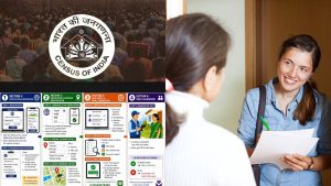 A composite image designed for a news feature regarding the Census of India. Left Side (Top): The official "Census of India" circular logo featuring a stylized figure and the sun, set against a dark, blurred background of a large crowd of people. Left Side (Bottom): A detailed infographic titled "Your step-by-step guide to Census registration." It outlines four color-coded sections: Access & Registration (blue), Verification & Location (green), Data Entry (orange), and Field Validation (purple), illustrating the process from website login to receiving a unique SE ID. Right Side: A clear, vertical photograph of a female census enumerator. She is smiling and holding a clipboard with a pen, engaged in a conversation at a doorway with a resident (seen from the back). She wears a casual denim shirt and carries a shoulder bag, representing the field validation phase of the census.