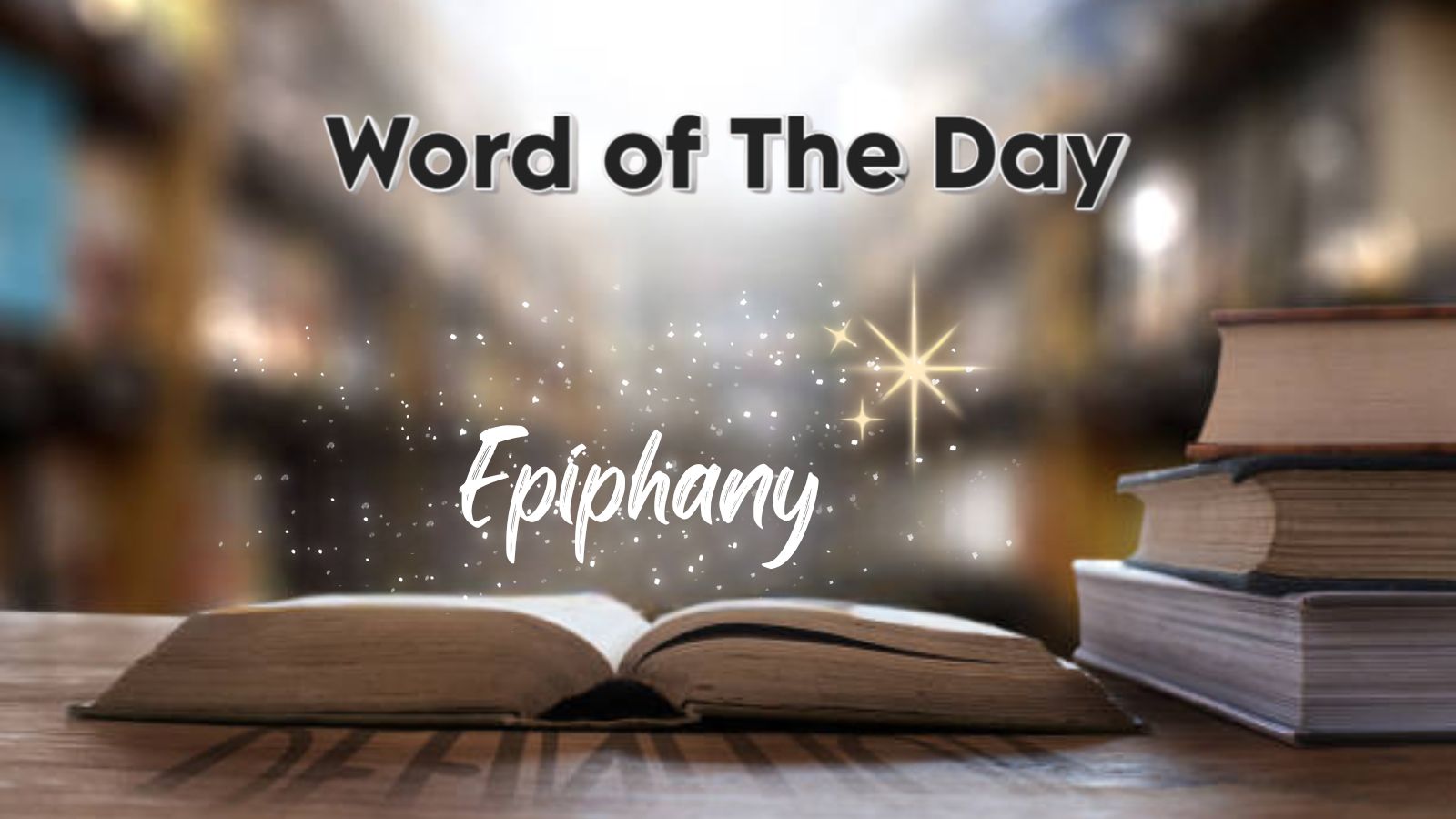 A stack of books sits on a wooden table in a softly blurred library setting. In the foreground, an open book emits a magical, sparkling white glow and a golden four-pointed star. The words "Word of The Day" appear in a bold, dark font at the top, while the word "Epiphany" is written in an elegant, white cursive script centered above the glowing pages.