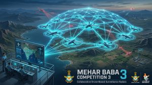 A dynamic, conceptual digital illustration shows a wide view of a networked swarm of Unmanned Aerial Systems (UAS) flying over a rugged, varied landscape, with glowing blue lines forming a collaborative airborne radar network scanning the environment. An Indian Air Force monitoring station is visible on a cliff edge on the left, with personnel operating a console and a central tactical map. The image has 'MEHAR BABA COMPETITION 3' text and the IAF emblem and Atmanirbhar Bharat logo.