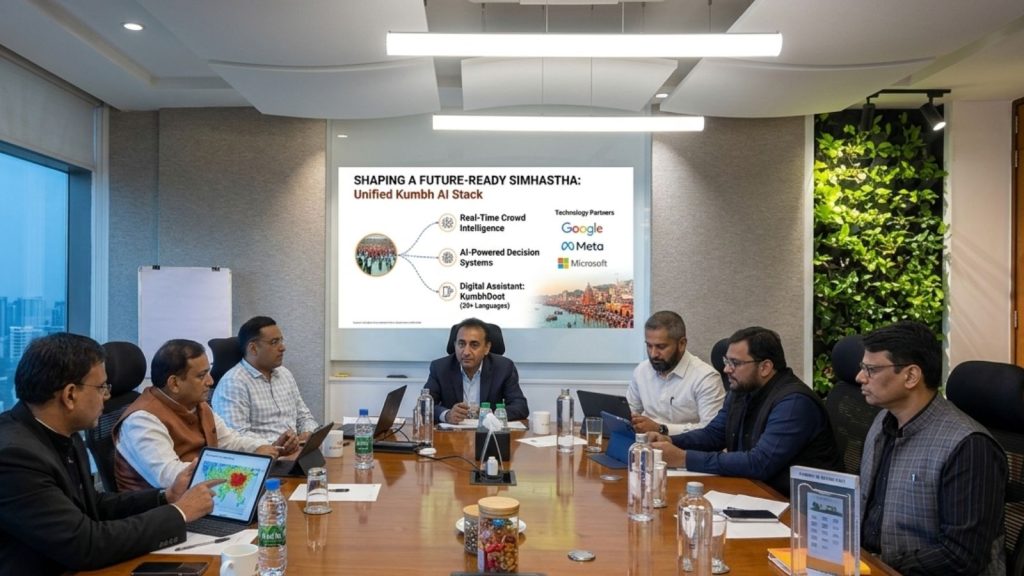 A wide-angle news featured image of a high-level corporate meeting table. On a large background screen, a slide is visible with the text "SHAPING A FUTURE-READY SIMHASTHA: Unified Kumbh AI Stack" and an illustration of crowd density mapping, with logos for 'NTKMA', 'Google', 'Meta', and 'Microsoft' below it. Six executives are seated at a polished wood table, including two men on the left in dark suits and others with laptops. Water bottles, tablets, and a model of a digital kiosk are on the table. The room has acoustic ceiling panels and a vertical green living wall in the background.