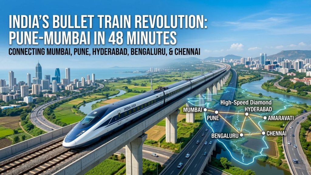 A dynamic aerial photograph showing a modern bullet train on an elevated track connecting a bustling Mumbai cityscape with a distant Pune urban skyline. An illuminated map overlays the green fields, highlighting the planned 'High-Speed Diamond' network connecting Mumbai, Pune, Hyderabad, Amaravati, Bengaluru, and Chennai. The visual headline states: 'INDIA'S BULLET TRAIN REVOLUTION: PUNE-MUMBAI IN 48 MINUTES', capturing the transformation of Indian infrastructure.