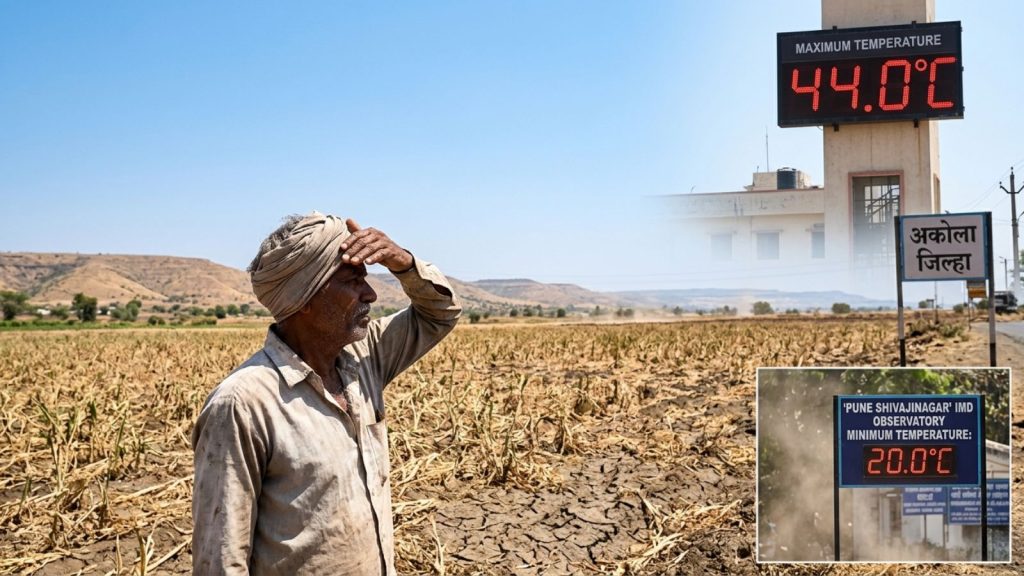 A wide, realistic documentary photograph capturing the severe heatwave in Maharashtra. In the foreground, deeply cracked, parched agricultural land in Vidarbha dominates the scene. A man, shielding his face from the intense sun, looks over the desolate landscape. In the background, rolling sun-bleached hills stretch to a shimmering horizon under a clear, bright blue sky. A distant digital temperature display on a tower in Akola reads '44.0°C' in red LEDs, with the Marathi sign for Akola District (अकोला जिल्हा) nearby. Heat haze distorts the horizon, creating a palpable sense of extreme heat and aridity.