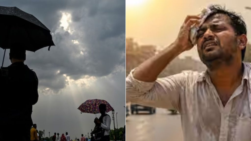 A side-by-side split image illustrating contrasting weather conditions in Maharashtra. On the left, a dark, overcast sky with sunbeams breaking through heavy grey clouds hangs over several people walking with umbrellas. On the right, a man in a white shirt appears distressed and heavily perspiring under a bright, hazy sun, wiping his forehead with a cloth to show the intense heat.