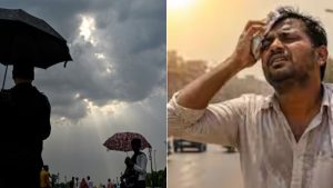 A side-by-side split image illustrating contrasting weather conditions in Maharashtra. On the left, a dark, overcast sky with sunbeams breaking through heavy grey clouds hangs over several people walking with umbrellas. On the right, a man in a white shirt appears distressed and heavily perspiring under a bright, hazy sun, wiping his forehead with a cloth to show the intense heat.
