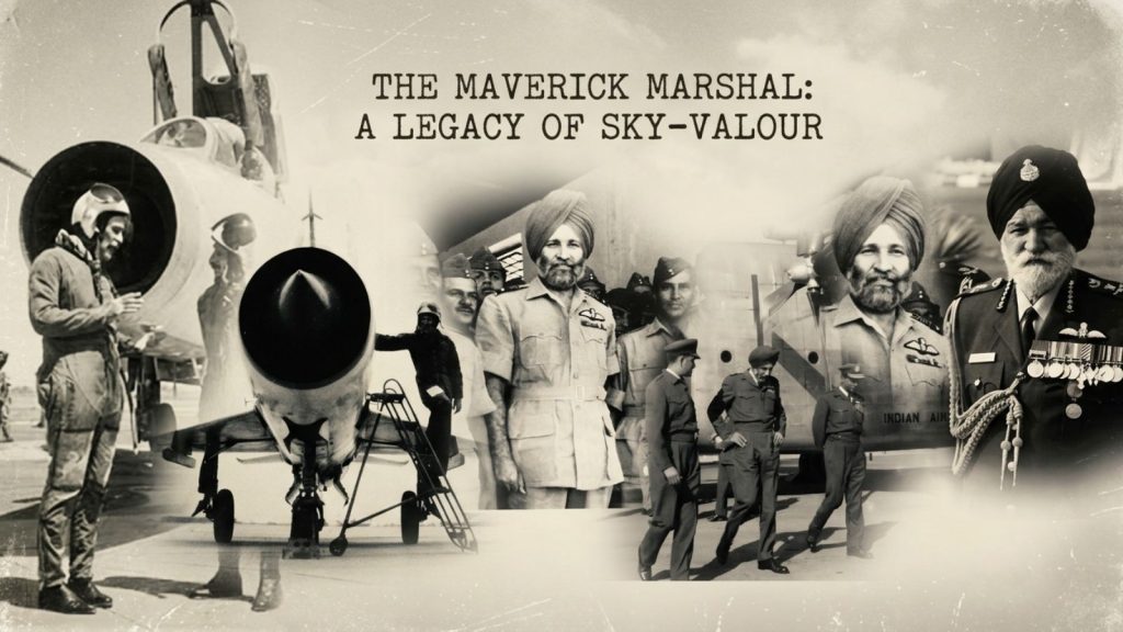 A nostalgic, sepia-toned historical photo collage tracing the career of Marshal of the Indian Air Force Arjan Singh. From left to right, it features young pilots by a MiG-21 jet, blending into scenes of Singh in full uniform with other airmen on an airfield, leading towards images of him as a distinguished elder officer with medals, saluting proudly. The entire horizontal composition uses soft, blended transitions without distinct image borders, creating a timeline effect, and includes the integrated title 'THE MAVERICK MARSHAL: A LEGACY OF SKY-VALOUR' in a distressed, old typewriter font.