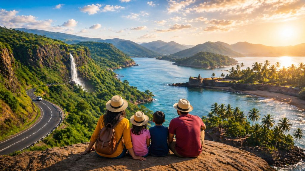 A family of four sits on a rocky outcrop overlooking a breathtaking panorama of a tropical coastline at sunset. The mother, father, and two children, all wearing sun hats, are seen from behind as they gaze at a winding coastal road, a dramatic waterfall cascading down lush green cliffs, and a historic sea fort nestled along a turquoise bay. The scene is bathed in a warm, golden glow from the setting sun, perfectly capturing an enchanting and serene holiday escape.