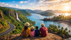 A family of four sits on a rocky outcrop overlooking a breathtaking panorama of a tropical coastline at sunset. The mother, father, and two children, all wearing sun hats, are seen from behind as they gaze at a winding coastal road, a dramatic waterfall cascading down lush green cliffs, and a historic sea fort nestled along a turquoise bay. The scene is bathed in a warm, golden glow from the setting sun, perfectly capturing an enchanting and serene holiday escape.
