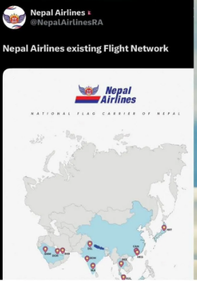 Screenshot of a Nepal Airlines social media post displaying an existing flight network map of Asia, which incorrectly depicts Jammu and Kashmir as part of Pakistan.