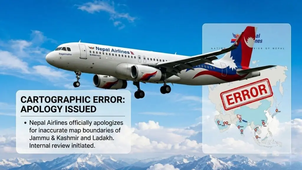 A featured news image showing a Nepal Airlines aircraft with a graphic overlay of a map and text box. On the left, a text box states 'CARTOGRAPHIC ERROR: APOLOGY ISSUED,' with detailed text about the incorrect map boundaries of Jammu and Kashmir and Ladakh and an internal review. On the right, a network map of Asia with flight pins is visible, with a bold red 'ERROR' stamp placed over the region of the map showing the controversial border. The background shows a serene sky with distant Himalayan peaks.