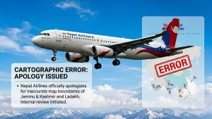 A featured news image showing a Nepal Airlines aircraft with a graphic overlay of a map and text box. On the left, a text box states 'CARTOGRAPHIC ERROR: APOLOGY ISSUED,' with detailed text about the incorrect map boundaries of Jammu and Kashmir and Ladakh and an internal review. On the right, a network map of Asia with flight pins is visible, with a bold red 'ERROR' stamp placed over the region of the map showing the controversial border. The background shows a serene sky with distant Himalayan peaks.