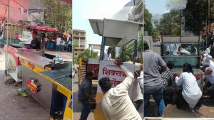 A three-panel photo showing municipal workers and enforcement teams seizing unauthorized street food carts and stalls during a crackdown operation in Pune's Kothrud-Bavdhan area.