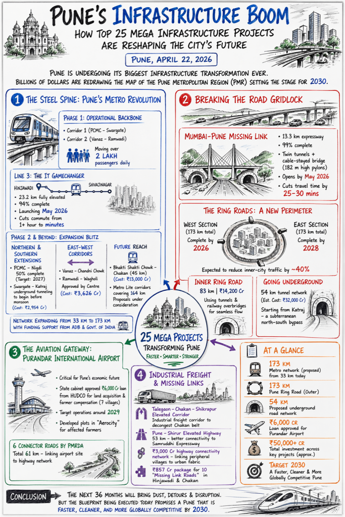 Whiteboard-style infographic titled “Pune’s Infrastructure Boom: How Top 25 Mega Infrastructure Projects Are Reshaping the City’s Future.” The visual summarises major projects including Pune Metro expansion to 173 km, the Mumbai–Pune Expressway Missing Link, the 173 km Pune Ring Road, Inner Ring Road, proposed 54 km underground road tunnels, Purandar International Airport, and industrial freight corridors for Chakan and Talegaon. Hand-drawn illustrations of metro trains, tunnels, highways, and an airport highlight how 25 mega infrastructure projects are transforming the Pune Metropolitan Region by 2030.
