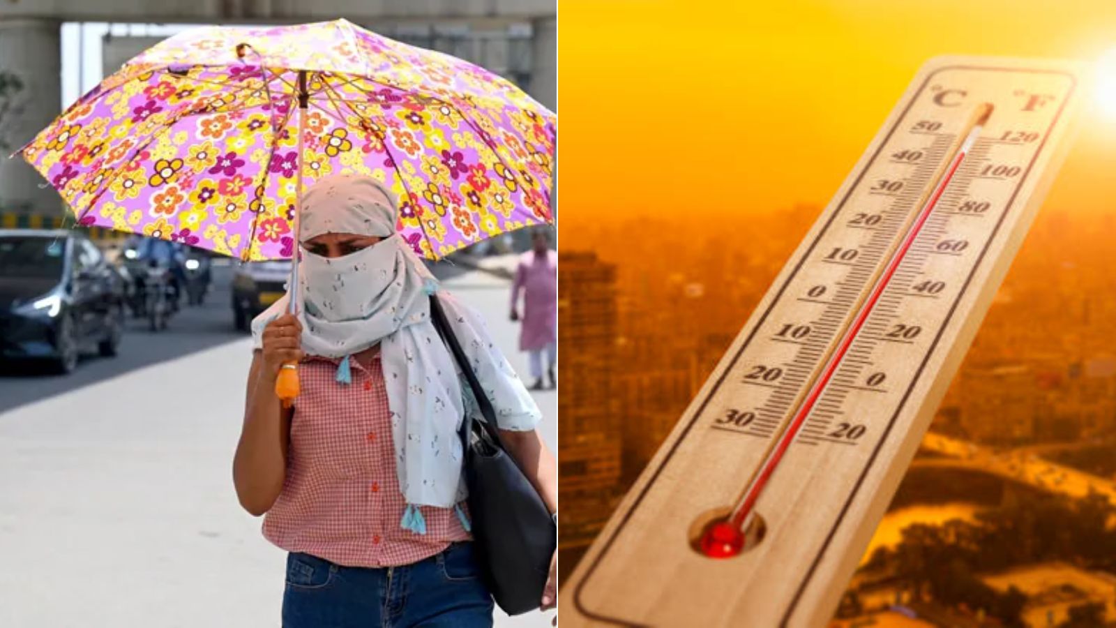 A split-frame image illustrating extreme summer heat. On the left, a woman walks down a sunny city street in Pune holding a vibrant, floral-patterned umbrella and wearing a light scarf wrapped around her face for protection against the sun. On the right, a wooden outdoor thermometer shows a high temperature reading against a blurred, hazy orange background of a sun-drenched urban skyline of Pune.