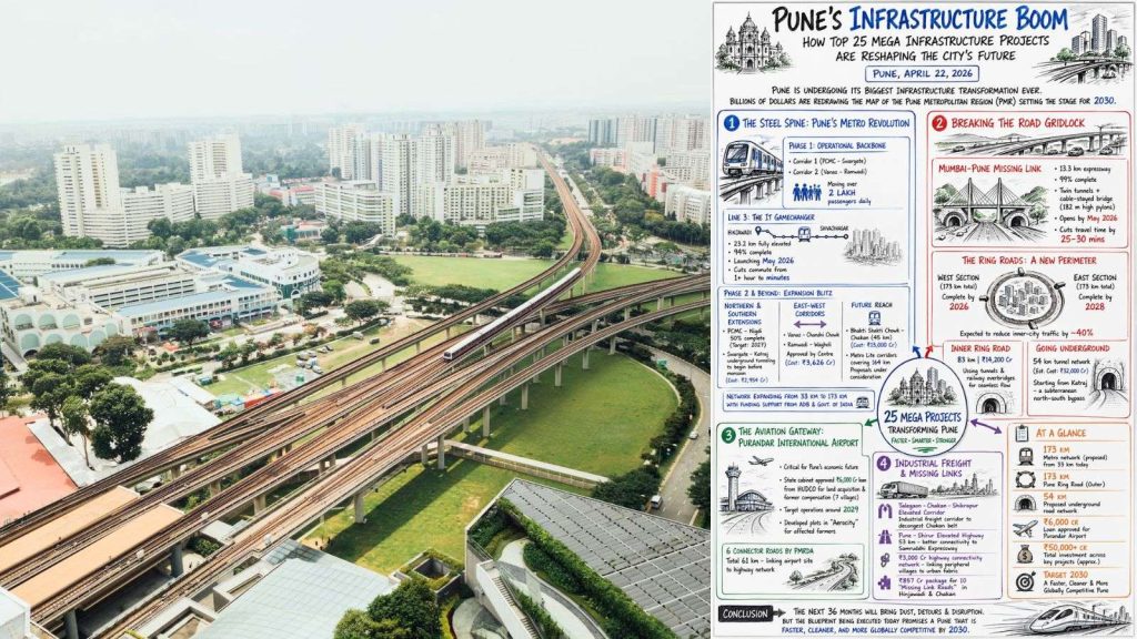 Aerial view of modern Pune showing elevated metro tracks running through a dense urban landscape of high-rise buildings and green spaces, alongside a whiteboard-style infographic titled “Pune’s Infrastructure Boom: How Top 25 Mega Infrastructure Projects Are Reshaping the City’s Future,” summarising metro expansion, ring roads, tunnels, the Mumbai–Pune Missing Link, and the Purandar International Airport project.