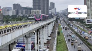 An aerial view photograph of an elevated Pune Metro Line 3 train, featuring its distinct pink and purple livery, travelling on a viaduct over a busy, rain-soaked city highway in the Pimpri-Chinchwad area, leading towards the Hinjawadi IT corridor. The image includes the official Pune Metro logo with its stylized blue and red weave. The photo illustrates the scale of the upcoming infrastructure project slated for a phased opening in May 2026.