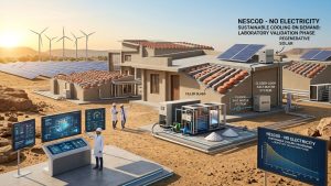 The image illustrates the Nescod cooling system in a professional setting. On the right, a cutaway of a modern building reveals terracotta pots embedded as "filler slabs" in the roof to provide thermal insulation. A large Nescod unit is connected to a regenerative solar panel array, with a visible diagram of a "Closed-Loop Salt-Water System." In the foreground, a digital kiosk displays technical temperature graphs and engineering models of the ammonium nitrate dissolution process. The background features a sustainable energy landscape with wind turbines and solar farms under a clear morning sky.