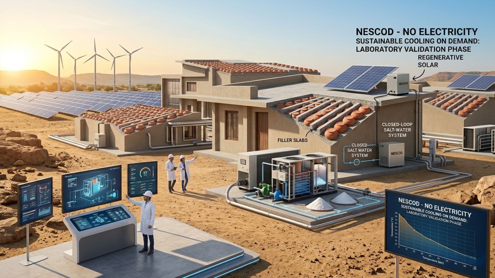 The image illustrates the Nescod cooling system in a professional setting. On the right, a cutaway of a modern building reveals terracotta pots embedded as "filler slabs" in the roof to provide thermal insulation. A large Nescod unit is connected to a regenerative solar panel array, with a visible diagram of a "Closed-Loop Salt-Water System." In the foreground, a digital kiosk displays technical temperature graphs and engineering models of the ammonium nitrate dissolution process. The background features a sustainable energy landscape with wind turbines and solar farms under a clear morning sky.