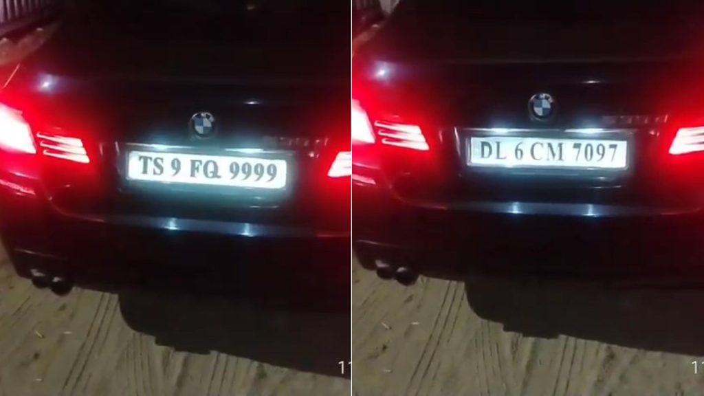 A BMW car with a high-tech electric license plate flipper showing two different registration numbers, TS 9 FQ 9999 and DL 6 CM 7097, used to dodge traffic challans in Hyderabad.