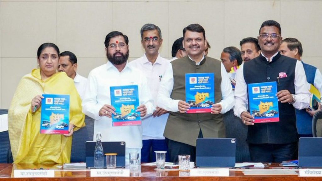 Maharashtra Chief Minister Devendra Fadnavis, Deputy Chief Ministers Eknath Shinde and Sunetra Pawar, and Transport Minister Pratap Sarnaik holding the newly launched ‘Practical Marathi’ guidebook for transport drivers during a formal event at Mantralaya.