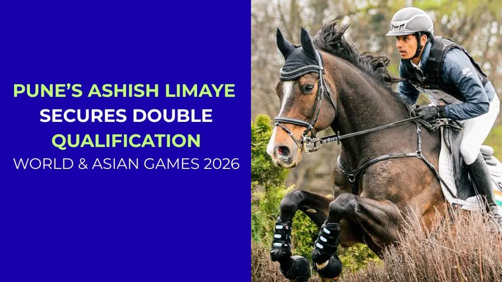 Indian equestrian Ashish Limaye competing in a cross-country event on a brown horse, paired with a blue graphic overlay titled "Pune’s Ashish Limaye Secures Double Qualification: World & Asian Games 2026.