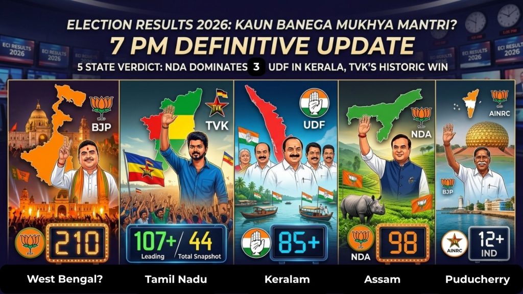 Infographic detailing the 2026 7 PM election results across five states: West Bengal (BJP win, 210 seats), Tamil Nadu (TVK lead, 107+ seats), Kerala (UDF win, 85+ seats), Assam (NDA win, 98 seats), and Puducherry (NDA/IND lead, 12+ seats).