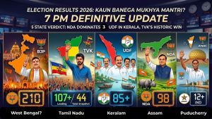 Infographic detailing the 2026 7 PM election results across five states: West Bengal (BJP win, 210 seats), Tamil Nadu (TVK lead, 107+ seats), Kerala (UDF win, 85+ seats), Assam (NDA win, 98 seats), and Puducherry (NDA/IND lead, 12+ seats).