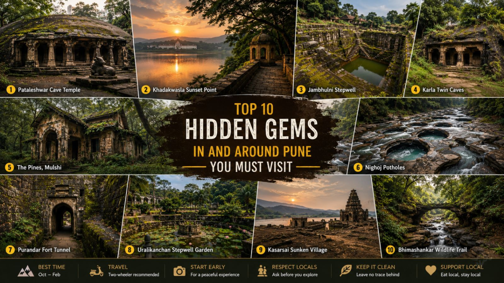 Infographic titled “Top 10 Hidden Gems in and Around Pune You Must Visit” featuring a 16:9 collage of lesser-known destinations around Pune. The image showcases Pataleshwar Cave Temple, Khadakwasla Sunset Point, Jambhulni Stepwell, Karla Twin Caves, The Pines colonial bungalow in Mulshi, Nighoj’s circular river potholes, Purandar Fort’s tunnel, Uralikanchan Stepwell Garden, the Kasarsai sunken village, and Bhimashankar Wildlife Trail. A bold central title is surrounded by scenic photographs of caves, forests, stepwells, waterfalls, historic structures, and natural landscapes, with travel tips displayed along the bottom.