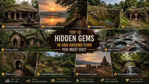 Infographic titled “Top 10 Hidden Gems in and Around Pune You Must Visit” featuring a 16:9 collage of lesser-known destinations around Pune. The image showcases Pataleshwar Cave Temple, Khadakwasla Sunset Point, Jambhulni Stepwell, Karla Twin Caves, The Pines colonial bungalow in Mulshi, Nighoj’s circular river potholes, Purandar Fort’s tunnel, Uralikanchan Stepwell Garden, the Kasarsai sunken village, and Bhimashankar Wildlife Trail. A bold central title is surrounded by scenic photographs of caves, forests, stepwells, waterfalls, historic structures, and natural landscapes, with travel tips displayed along the bottom.