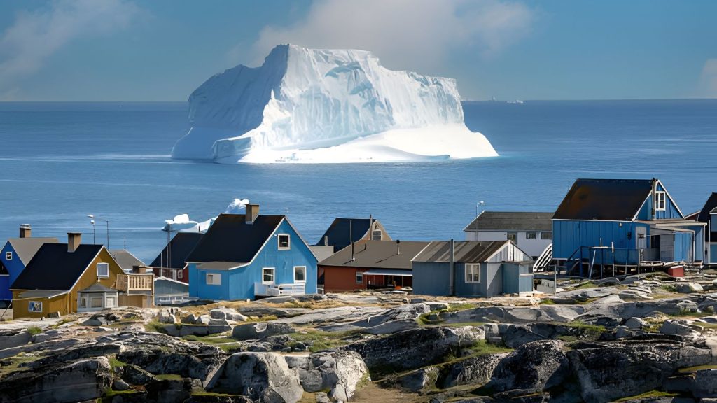 A small coastal settlement in Greenland featuring brightly colored blue, red, yellow, and grey houses built on rocky, uneven ground. In the background, a massive, towering white iceberg floats on the calm blue ocean under a partly cloudy sky.
