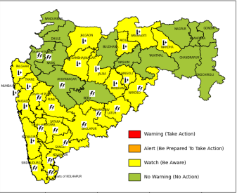 A color-coded regional map of Maharashtra showing weather alerts for May 15, 2026. The map features yellow "Watch" zones with lightning icons for districts like Pune, Satara, and Kolhapur, and thermometer icons indicating heat wave alerts for northern districts like Akola, Amravati, and Jalgaon.