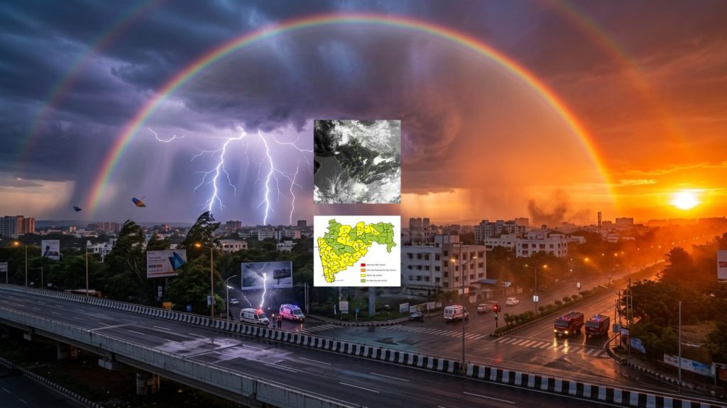A dramatic composite image showing a split-screen weather phenomenon in Maharashtra: the left side depicts intense lightning strikes and storm clouds over a highway, while the right side shows a scorching orange sunset representing a heat wave. Small inset maps of IMD weather alerts and satellite cloud cover are overlaid in the center.