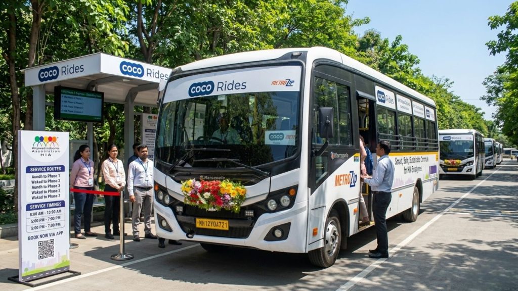 A wide landscape-oriented image showing a white COCO Rides MetroZip shuttle bus parked at a modern bus stop in a sunny, tree-lined area of an IT park. The bus is decorated with a colorful flower garland on the front grill and features "MetroZip" and "COCO Rides" branding on its exterior. To the left, a vertical information board displays the "Hinjawadi Industries Association (HIA)" logo alongside service routes (such as Wakad to Phase 3) and service timings. Several professional office employees are standing near the bus stop, and a line of additional MetroZip buses is visible in the background, illustrating the scale of the new corporate commute service.