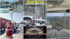 Collage showing the Mumbai-Pune Expressway Missing Link project, featuring newly opened tunnels, the cable-stayed bridge, smooth driving conditions, and travelers gathered for selfies on the viaduct.