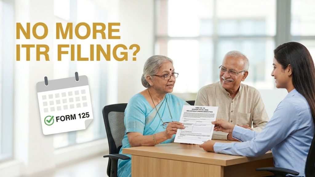 A wide-angle featured image for an article showing a smiling elderly Indian couple at a modern bank in Pune, submitting "Form 125" to a bank official to claim their Income Tax Return (ITR) filing exemption. Large golden-yellow text on the left reads "NO MORE ITR FILING?" with a checkmark icon next to "FORM 125".