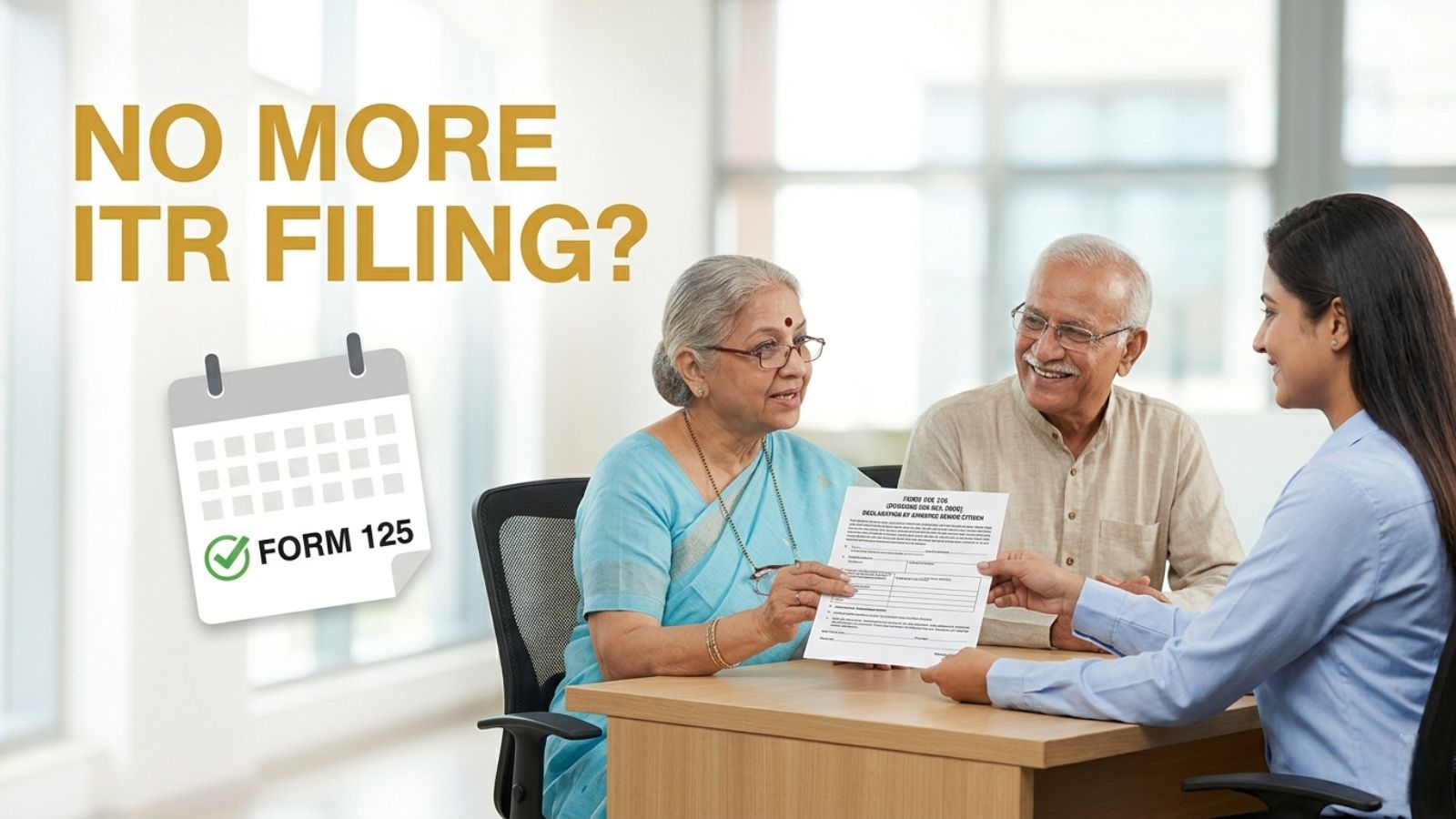 A wide-angle featured image for an article showing a smiling elderly Indian couple at a modern bank in Pune, submitting "Form 125" to a bank official to claim their Income Tax Return (ITR) filing exemption. Large golden-yellow text on the left reads "NO MORE ITR FILING?" with a checkmark icon next to "FORM 125".