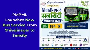Infographic for PMPML (Pune Mahanagar Parivahan Mahamandal Ltd.) announcing a new bus service, Route 104 'A', from Shivajinagar to Suncity. The image is split, with a blue panel on the left displaying the English headline "PMPML Launches New Bus Service From Shivajinagar to Suncity." The right panel features a green PMPML city bus, inauguration details in Marathi, a route map showing stops between Suncity and Shivajinagar, and icons highlighting the service's eco-friendly, safe, and comfortable features.