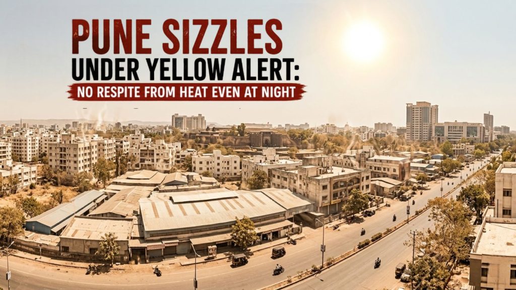 A wide, high-angle panoramic view of Pune's urban landscape under a scorching, bright sun, creating a hazy heat shimmer across the horizon. The image features a mix of traditional low-rise buildings and modern high-rises under a clear, pale sky. In the upper-left corner, a bold headline in English and Marathi reads: "Pune Heatwave: Day & Night, No Respite." The official India Meteorological Department (IMD) logo and a yellow triangle warning icon are positioned below the text, emphasizing the heatwave alert.